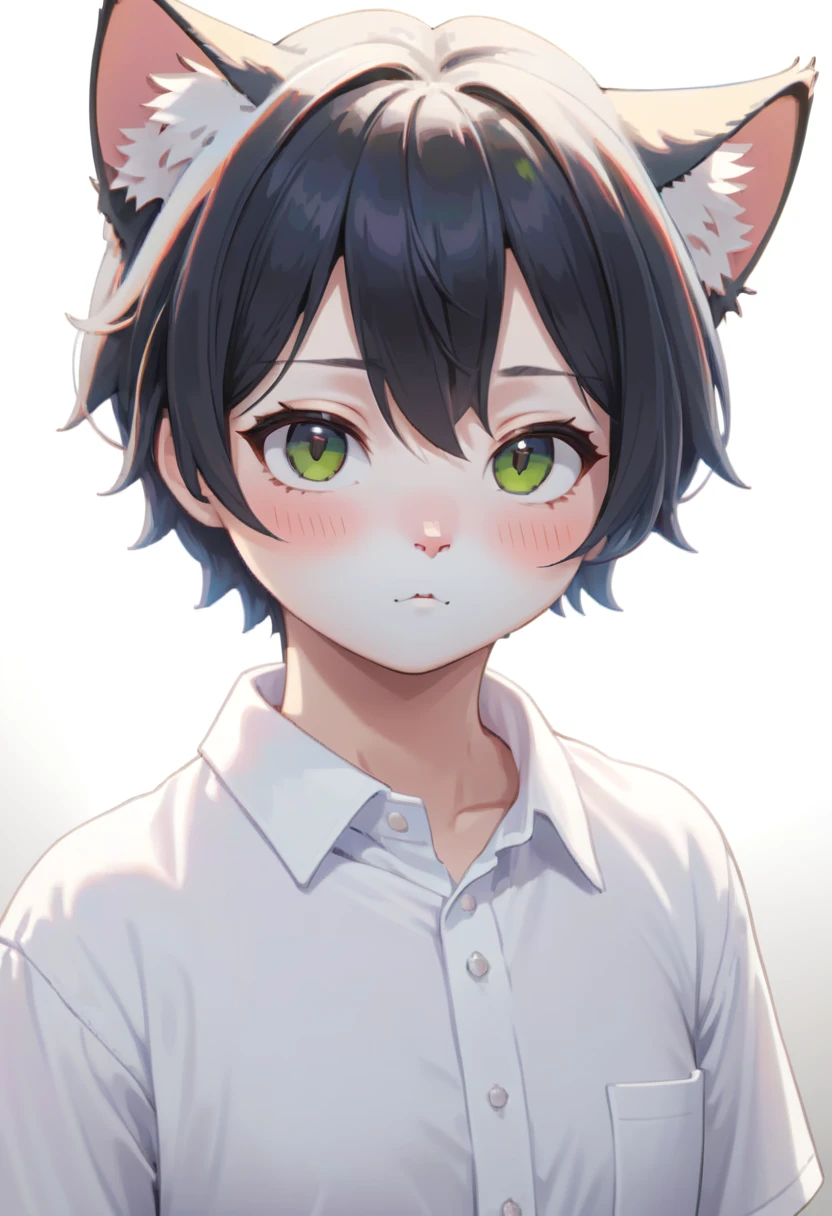 a white cat in a white shirt, anthropomorphic, 4d anime style, black eyes, anime face, no human ears, best quality, 4k, 8k, highres, masterpiece:1.2, ultra-detailed, realistic, photorealistic, photo-realistic:1.37, HDR, UHD, studio lighting, extreme detail description, professional, vivid colors