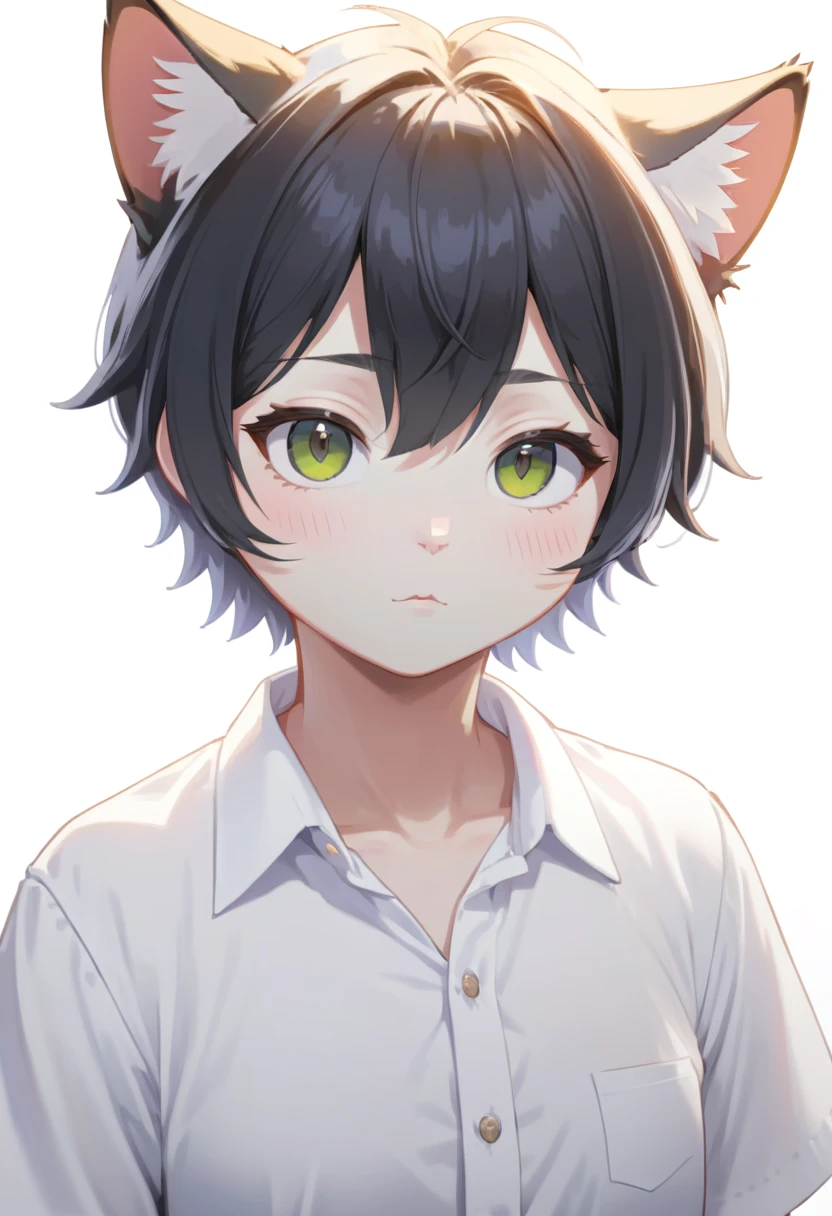 a white cat in a white shirt, anthropomorphic, 4d anime style, black eyes, anime face, no human ears, best quality, 4k, 8k, highres, masterpiece:1.2, ultra-detailed, realistic, photorealistic, photo-realistic:1.37, HDR, UHD, studio lighting, extreme detail description, professional, vivid colors
