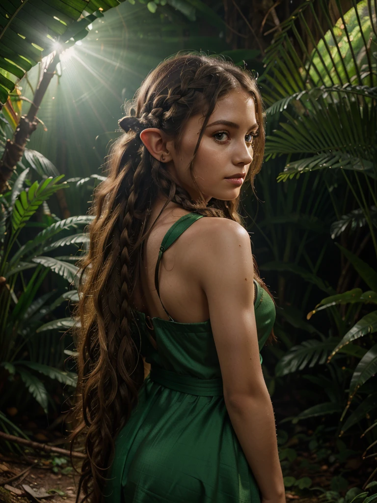 looking back elf girl portrait, curly two braid long hair, in a jungle, wearing elf dress, 8k, RAW photo, best quality, masterpiece, high detail RAW color photo, dramatic lighting, cinematic lighting, back light, professional lighting