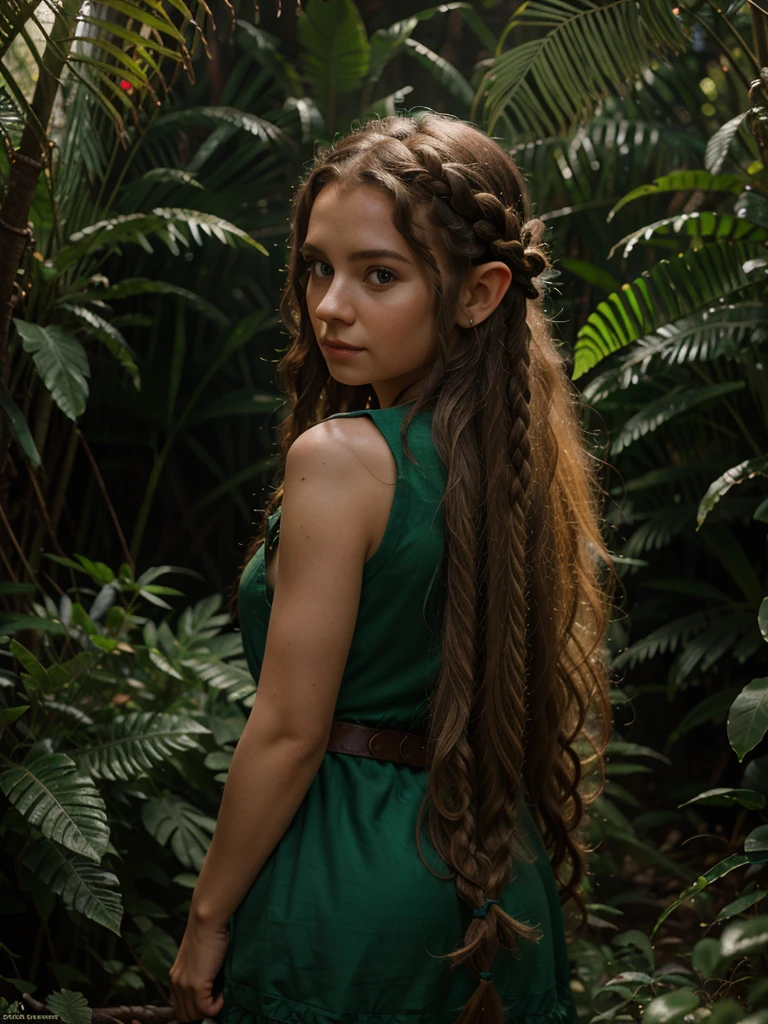 looking back elf girl portrait, curly two braid long hair, in a jungle, wearing elf dress, 8k, RAW photo, best quality, masterpiece, high detail RAW color photo, dramatic lighting, cinematic lighting, back light, professional lighting