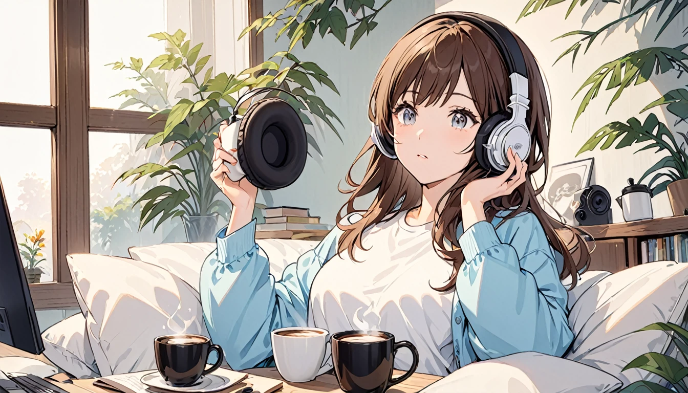 Girl wearing headphones,Drinking coffee from a mug while listening to jazz music,Brown Hair,relax