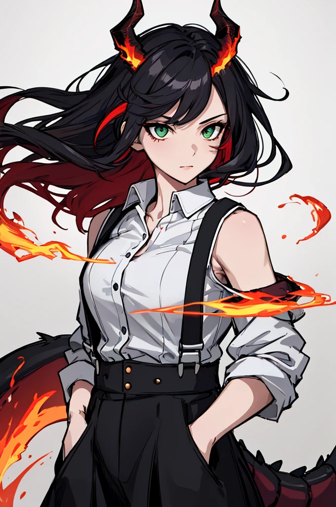 absurdres, 8k, 4k, masterpiece, hyper extreme detailed:1.2), solo, 1girl, front view, perfect face, 1girl, portrait, expressive eyes, looking at viewer, solo, green eyes, standing, mature female, , pale, long black hair, groan, casual wear, adult, looking forward, front view, black horns, confident, cautious, rational, messy hair, wind, windy, moving hair, moving clothes, swept bangs, front view, unyielding, mature body, tomboy, dragon tail, adult, black nails, wild hair, velvet crowe, scars, fatigue, Black Demonic Horns, Dragon Horns, Dragon Tail, fire, long skirt, hands in pockets, white shirt black letters, exposed shoulder, shoulder strap, suspenders, velvet crowe, velvet-outfit, red hair gradients, village background, fiery, flames, burning,