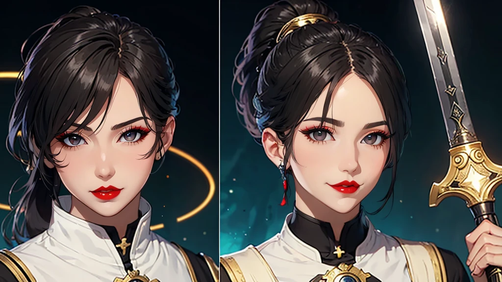 ,A man,saints,There is a halo behind this,sacred,Correct proportions,Facial details,swordsman,High Ponytail Hairstyle,Neck details,Adam'apple,Blue Suit,joke,Blue robe,Clothing details,transfer,Long sleeve,Game quality,fencing,Ray Tracing,Ray Tracing,Delicate glow,CG Rendering,Hair details,Black long hair,blue eyes,Handsome,Handsome,(The feeling of youth),The costumes are complicated,Perfect composition,Refinement,high quality,More details,Lots of details,Complex background,Sense of atmosphere,