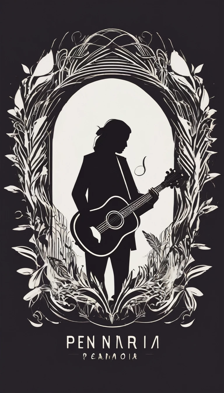 Create a modern, minimalistic logo design for a brand about music and stories called " PENAMEMORIA" . The logo must be in minimalistic style and convey a sense of storytelling and mistery. The logo is a simple silhouette of a body with no head, holding an acoutic guitar and a feather above the body. The body is holding an acoustic guitar. . Modern logo, unique, creative, fantastic, memorable, elegant, simple.