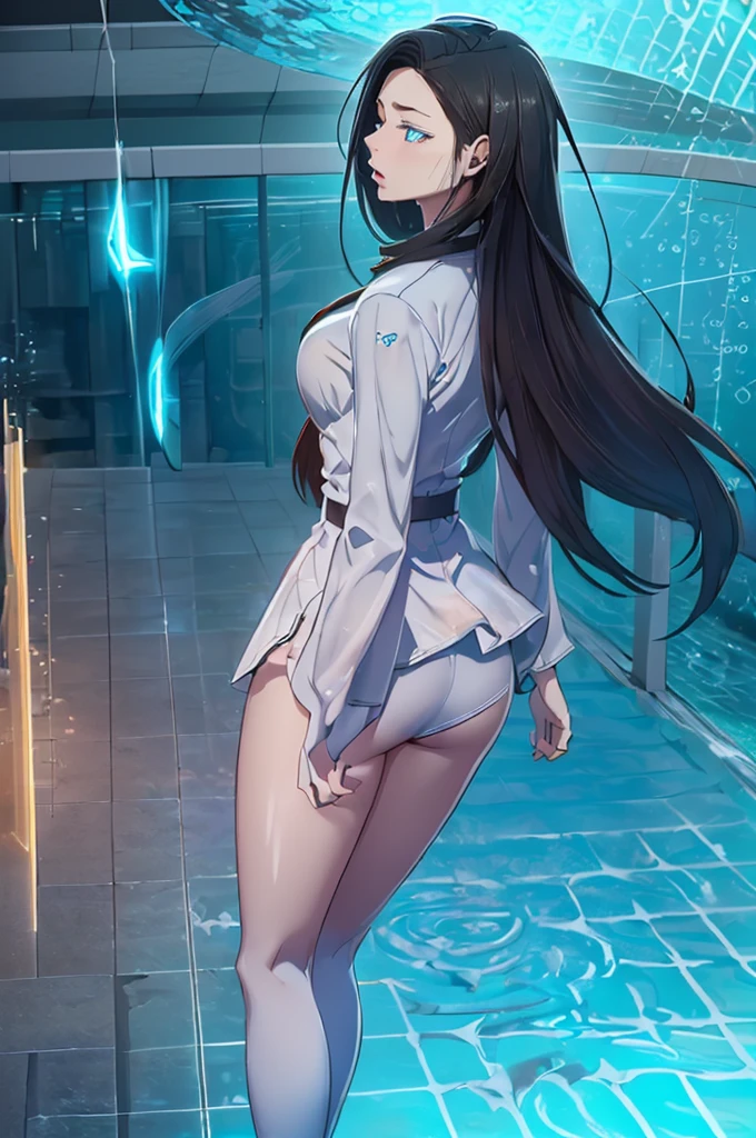 ((((High-quality photorealistic, high-res))), 1girl, confident, standing, (((full-body scan)), [realistic body], (blue eyes), (pale pink skin), ((relaxed)), ((perfect face:0.9), skin also,  face), glowing_eyes (((glow:1.1)), (blue glow)), (centered)), (wide shot), facing viewer, (((underwater environment:1.2, oceanic matrix)), (bright lights, circuits, metallic walls))), , looking down, ((half closed eyes)), (((perfect hands))), (((outdoors, high_key_lights)), ((render by me))), ((hands at her sides)), (((fogging), (water), (water particles)), ((lively companionannya))), (water ripples), flowing hair, looking at viewer, ((raised chin)), carrying a flashlight and a diving kit, ((30 years old)),  )(((((Aquascend standart Geo formatted real Animal vs. environment)))