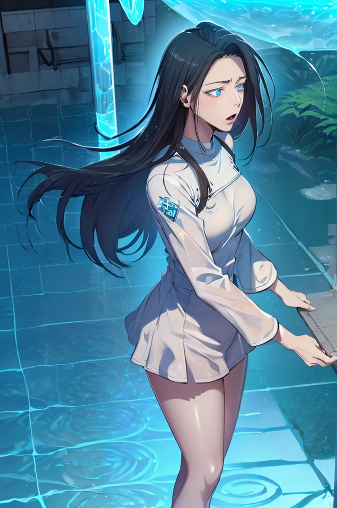 ((((High-quality photorealistic, high-res))), 1girl, confident, standing, (((full-body scan)), [realistic body], (blue eyes), (pale pink skin), ((relaxed)), ((perfect face:0.9), skin also,  face), glowing_eyes (((glow:1.1)), (blue glow)), (centered)), (wide shot), facing viewer, (((underwater environment:1.2, oceanic matrix)), (bright lights, circuits, metallic walls))), medium breasts, looking down, ((half closed eyes)), (((perfect hands))), (((outdoors, high_key_lights)), ((render by me))), ((hands at her sides)), (((fogging), (water), (water particles)), ((lively companionannya))), (water ripples), flowing hair, looking at viewer, ((raised chin)), carrying a flashlight and a diving kit, ((30 years old)),  )(((((Aquascend standart Geo formatted real Animal vs. environment)))