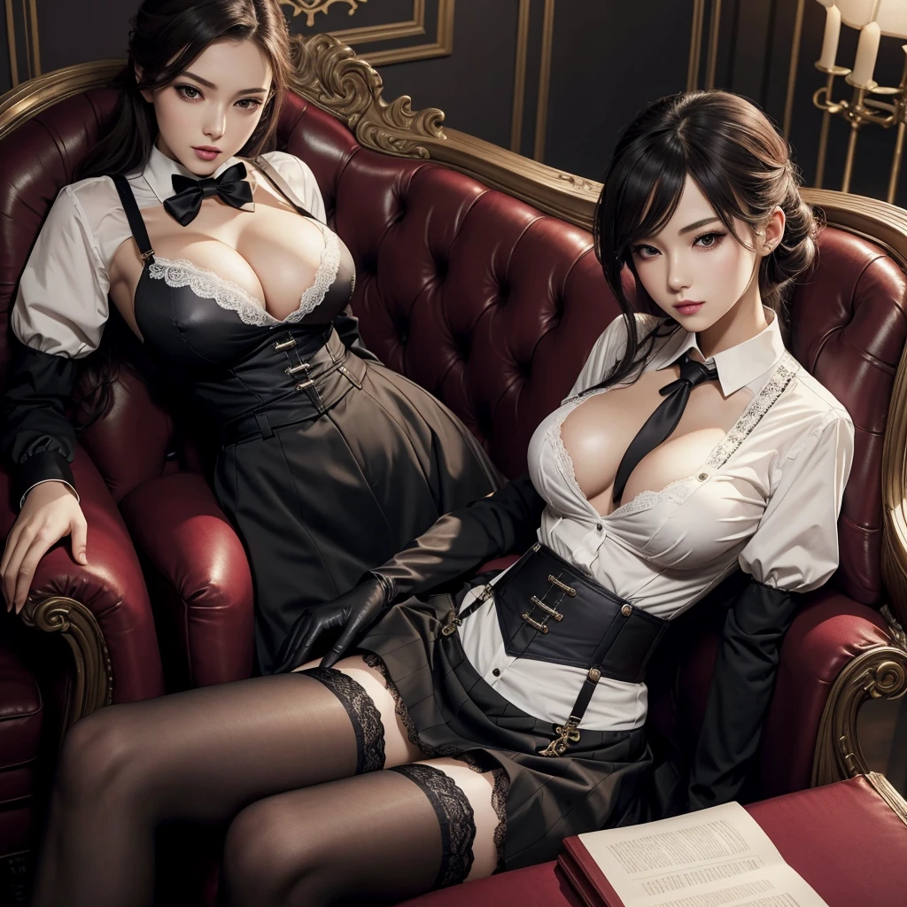 aristocrat girl, beautiful, slender, y, big elastic breakeup, shirt, unbuttoned top buttons, tetween breasts, skirtstockings with suspenders with garters, gloves, sitting in an armchair elegantly cross-legged, in a room, hentai