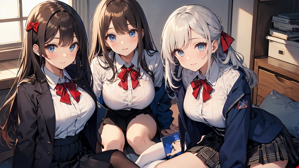 blue eyed girl, long brown hair, white short sleeve round neck blouse, pleated checkered skirt in blue and red tones to the knee, navy blue jacket, white knee high socks, big red Japanese  style bow tied on the neck of the blouse, White shirt