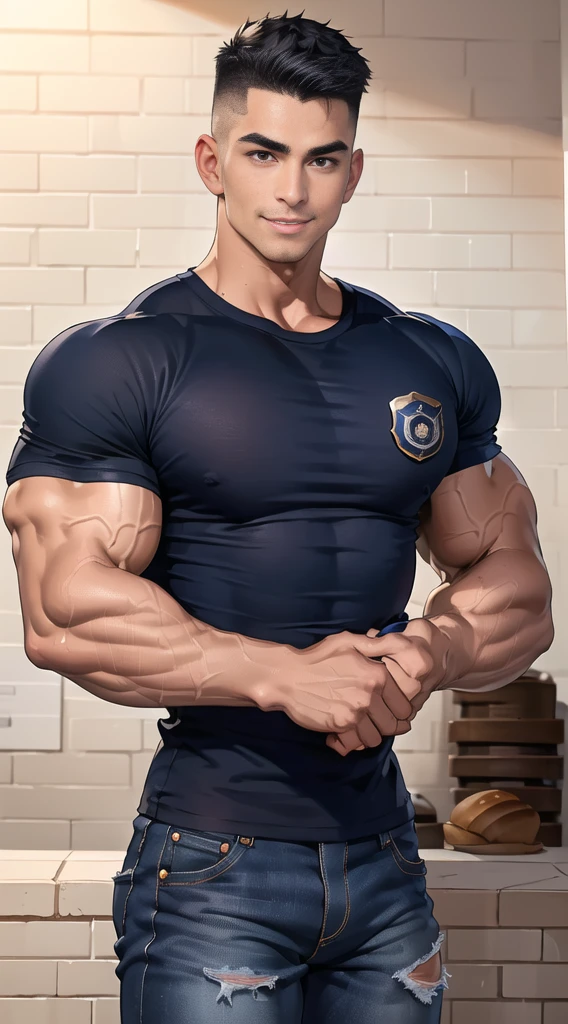 1 man,(Skinheads hairstyles) ,black eye,(Wear a fitted round neck t-shirt in navy with a police badge.:1.3),(fit neck),Navy blue jeans,(black_gloves), Korean guy,chest muscles,large arm muscles,blood vessel,Big muscles,Broad shoulders, smile, middle of the road,(full_shot:1.6),(In the bread shop:1.2),