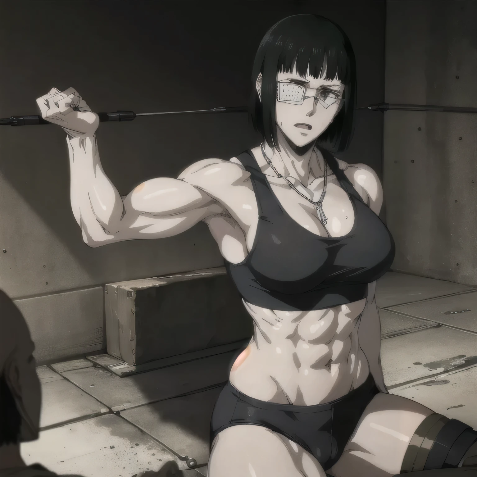 (best quality,ultra-detailed,realistic:1.37),musclaur badass girl with sculpted body with preview her musclaur body and six-pack, full review of the female character face and body, intense expression, strong and confident posture, studio lighting, vivid colors, physiologically-based rendering, grungy texture, rugged background, dust particles in the air, commanding presence, professional, powerful, gritty aesthetics,,Valmet،short hair,necklace,Light reflection on shoulders,Sweat in muscles،،wearing military male underwear and midriff tank top, tattoos on shoulders،sitting in ground,eyepatch,Shining muscles,Shining skin,sexy six-pack,penis growth inside underwear,penisQuiron,,lying down