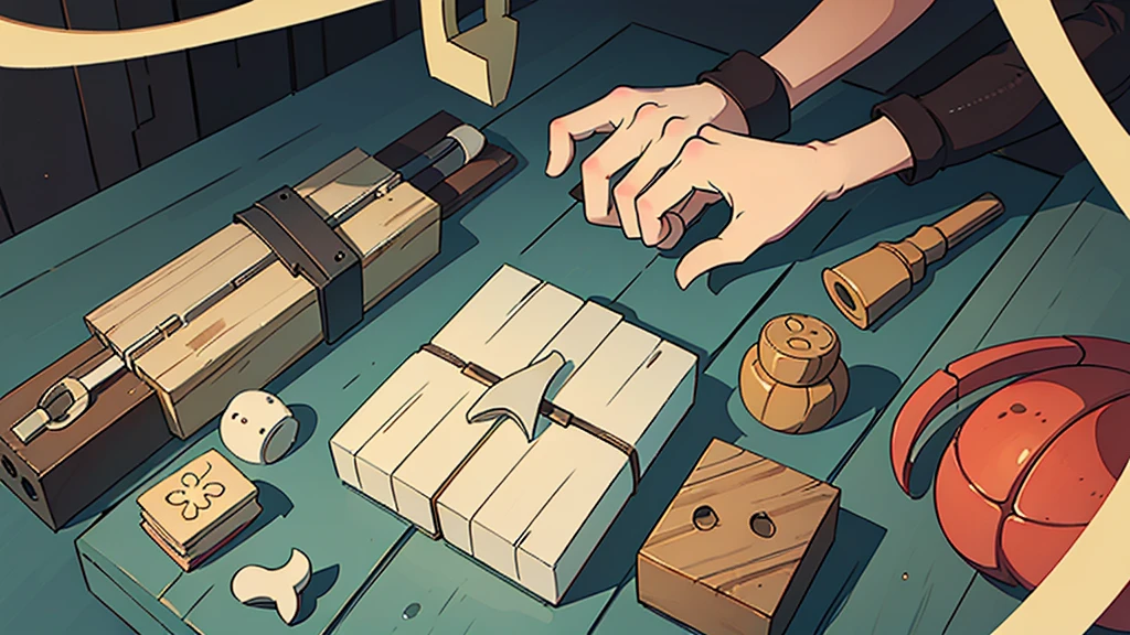 On a stone table were some carpentry tools scattered in an open wooden box. Seen outside the box is a wooden crab, saw,a hammer and a pair of gloves .Describe this situation from a close distance, emphasizing the shapes, interlacing and space.