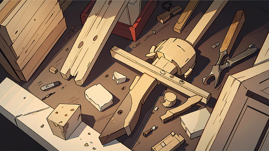 On a stone table were some carpentry tools scattered in an open wooden box. Seen outside the box is a wooden crab, saw,a hammer and a pair of gloves .Describe this situation from a close distance, emphasizing the shapes, interlacing and space.