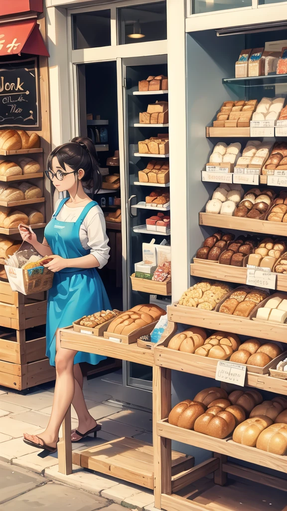 In front of the shop, bread, glasses of milk, various snacks on the table.