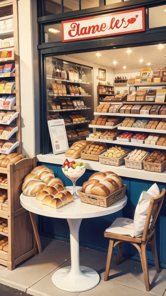 In front of the shop, bread, glasses of milk, various snacks on the table. 