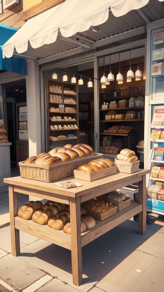 In front of the shop, bread, glasses of milk, various snacks on the table.