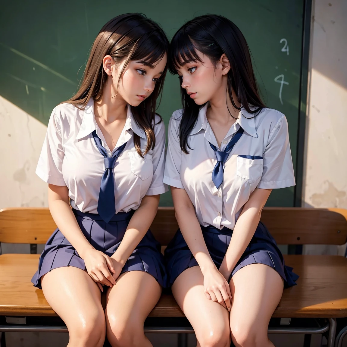 (masterpiece, best quality), perfect anatomy, perfect hands, two school girls are deeply in love with each other, after school, evening glow