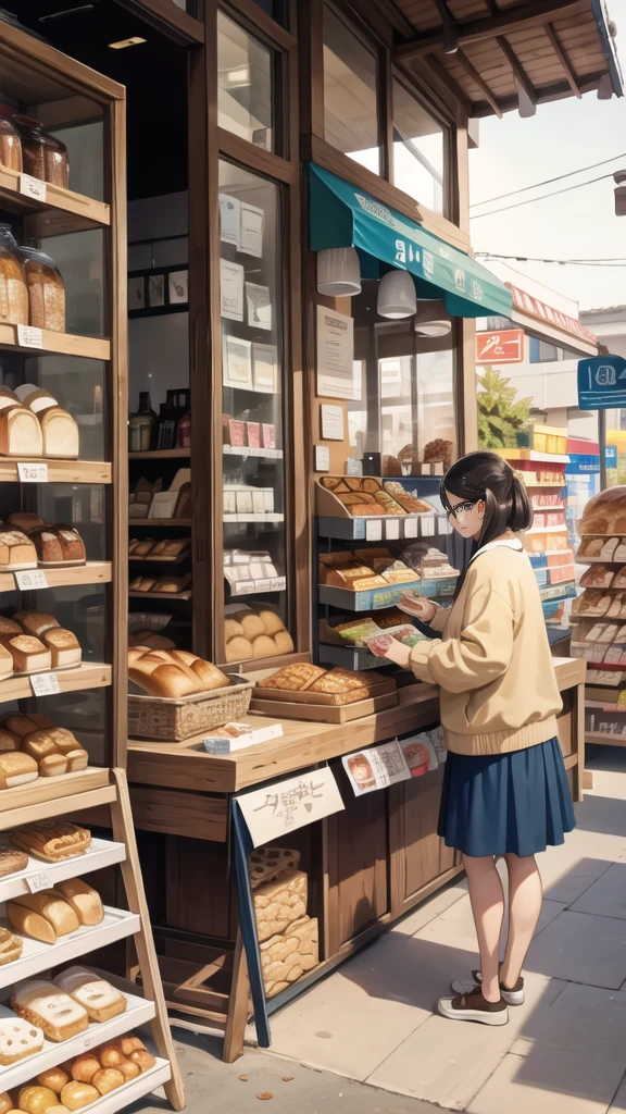In front of the shop, bread, glasses of milk, various snacks on the table.