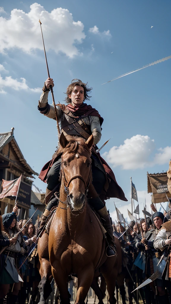 Image 1: Alexander mounted on a majestic steed, leading his army into the fray, his cloak billowing behind him as he charges towards the enemy lines amidst a flurry of arrows and spears. crowded environment, battle field. no distortion, no extra limb, perfect face