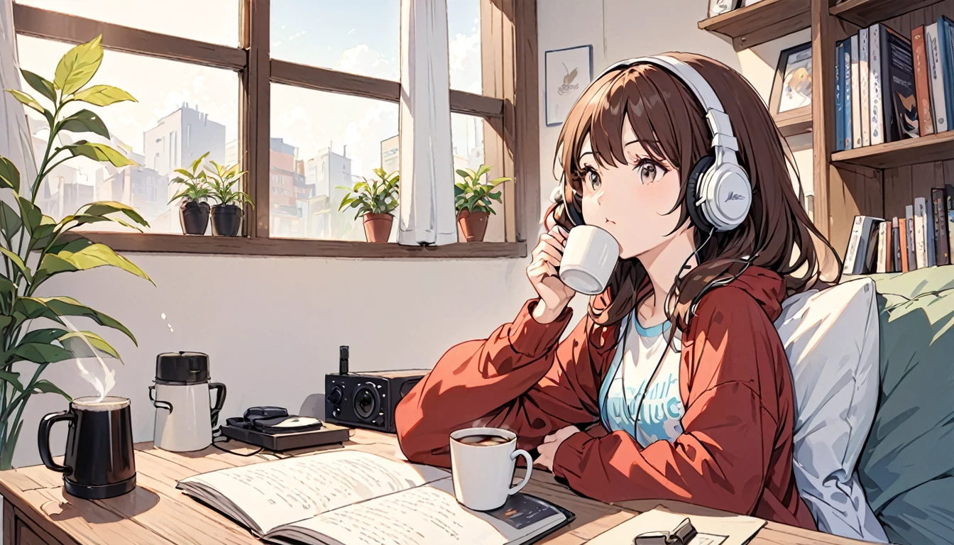 Girl wearing headphones,Drinking coffee from a mug while listening to jazz music,Brown Hair,relax