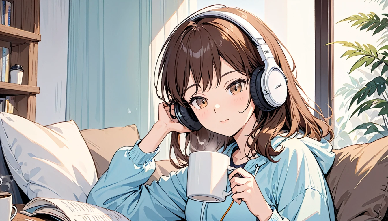 Girl wearing headphones,Drinking coffee from a mug while listening to jazz music,Brown Hair,relax