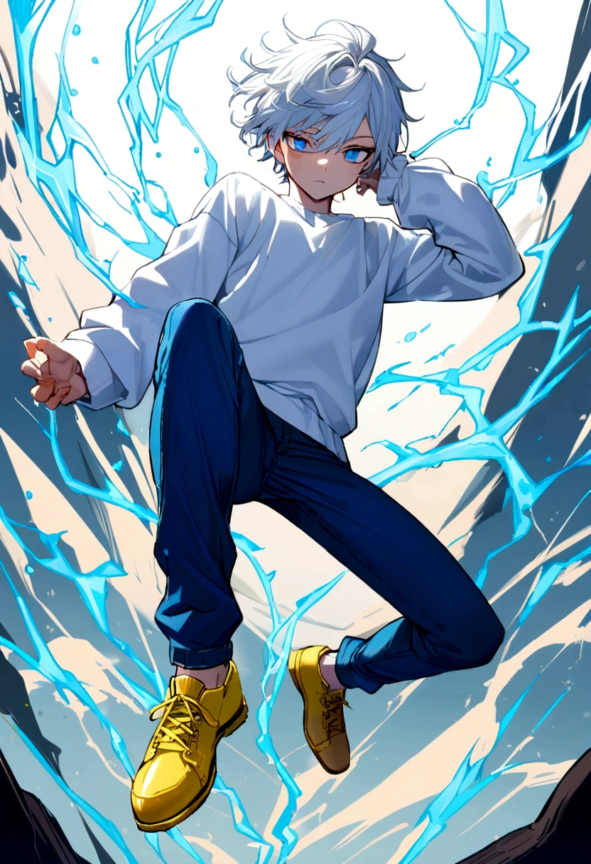 17 year old boy, with messy white hair, white sweatshirt, blue jeans , yellow shoe, blue colored eyes, electric powers