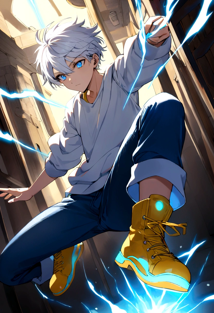 17 year old boy, with messy white hair, white sweatshirt, blue jeans , yellow shoe, blue colored eyes, electric powers
