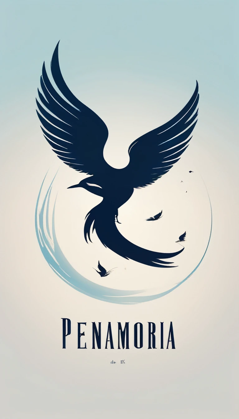 A minimal, modern, simple, cinematic logo design for the brand “Penamemoria". The logo design must be a simple, silhouette of a boy, standing up, playing acoustic guitar and fantasy feather by his side. The logo must convey a sense of music, stories, memories and dreams. Logo design impressed on a book cover. Minimalistic logo. Light blue, soft white and light golden as colors for the logo design