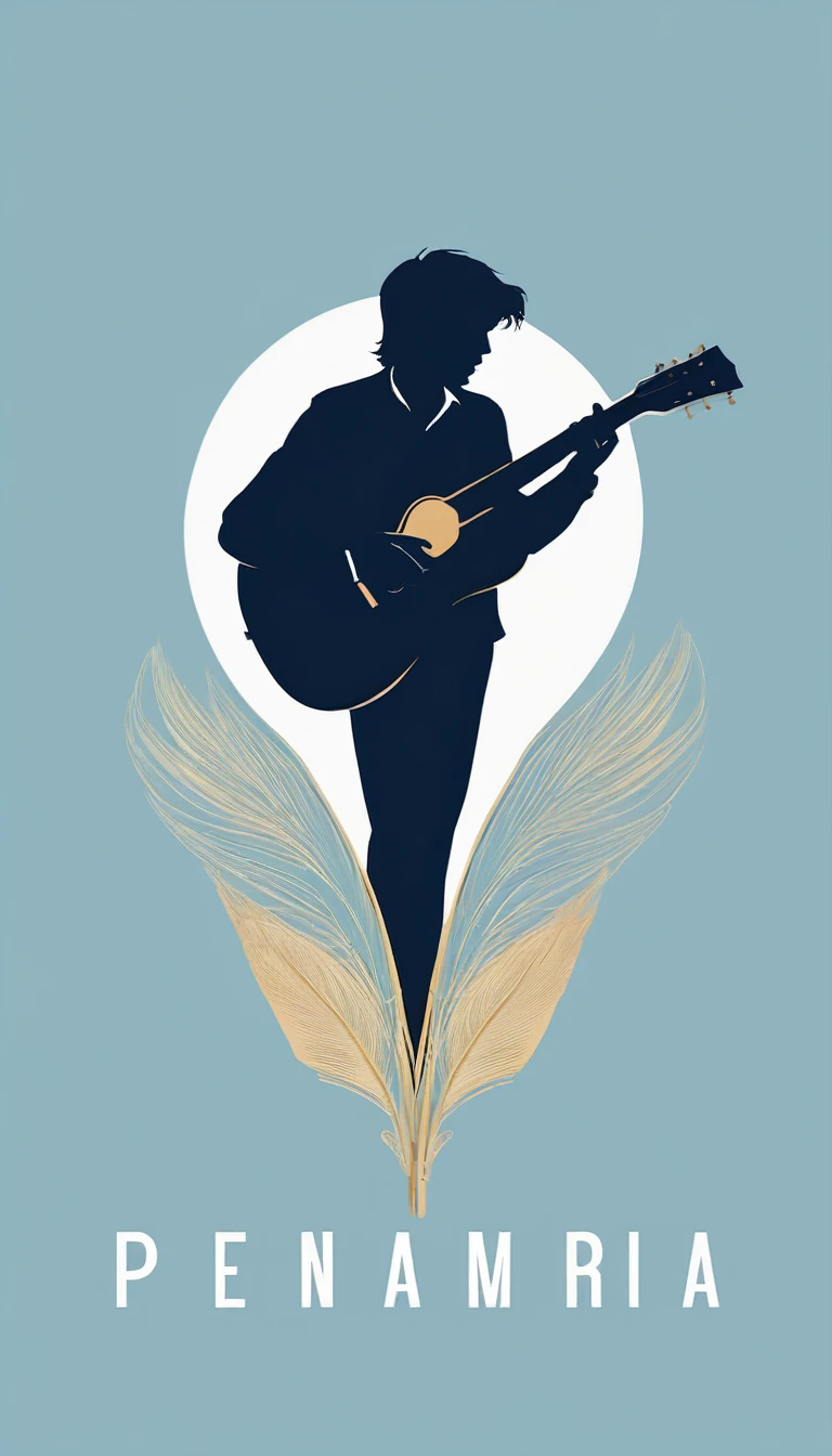 A minimal, modern, simple, cinematic logo design for the brand “Penamemoria". The logo design must be a simple, silhouette of a boy, standing up, playing acoustic guitar and fantasy feather by his side. The logo must convey a sense of music, stories, memories and dreams. Logo design impressed on a book cover. Minimalistic logo. Light blue, soft white and light golden as colors for the logo design