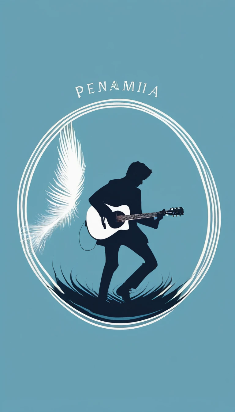 A minimal, modern, simple, cinematic logo design for the brand “Penamemoria". The logo design must be a simple, silhouette of a boy, standing up, playing acoustic guitar and fantasy feather by his side. The logo must convey a sense of music, stories, memories and dreams. Logo design impressed on a book cover. Minimalistic logo. Light blue, soft white and light golden as colors for the logo design