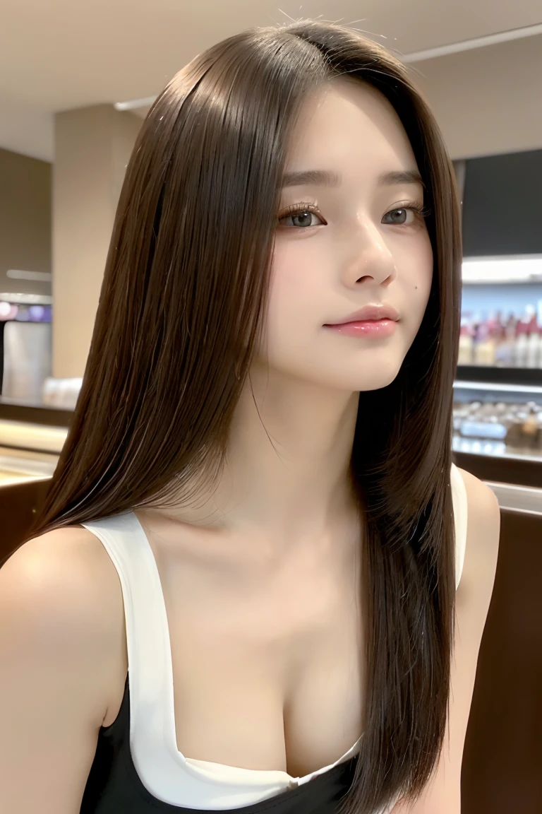 Big breast,(The ultra -The high-definition:1.5)(ultra-detailliert:1.3) (ultra-quality) (An ultra-high picture quality:1.5) (rialistic photo:1.3) A Japanese Lady 21years old ((detailed and beautiful faces:1.3)) ((realistic skin textures:1.3)) ((Precise, high-quality eyes:1.3)) ((The beauty of detailed and high quality ears, Very fair and transparent skin:1.3)) ((Beautifully groomed straight long hair:1.3))Complete body beautiful proportion (Thin sleeveless shirt in fabric) The background is the inside of a cafe at dusk.. Beautiful, Luxurious and stylish interior ((Happy viewer's eyes)) Wet lips ajar Colossal tits unclear kawaii