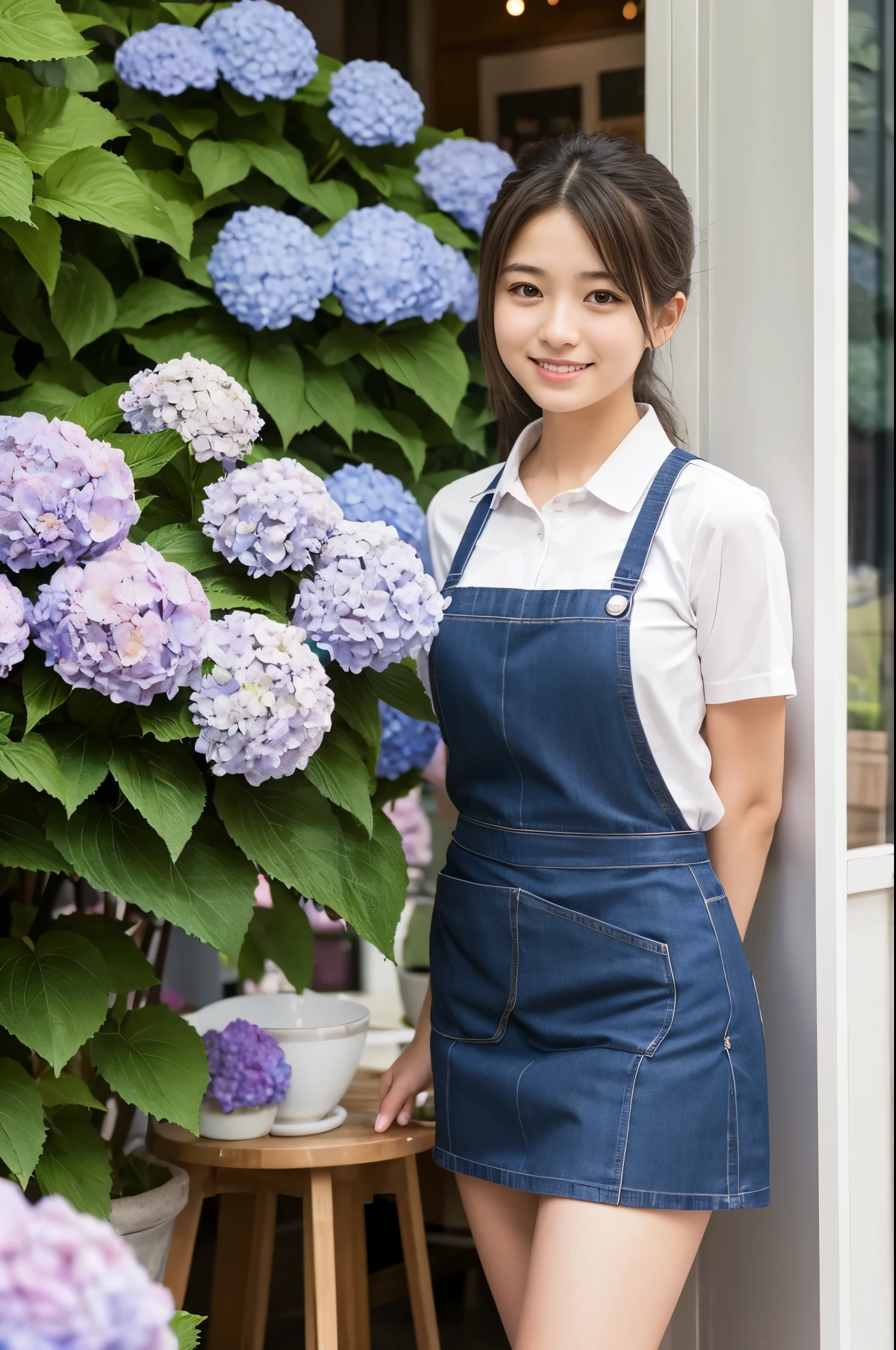 A 20-year-old girl working at a cafe where hydrangeas are blooming（Wearing a miniskirt and apron）