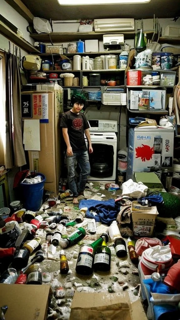 Japanese man, handsome, macho, dirty room, messy room, ugly room, garbage house, lots of beer bottles
