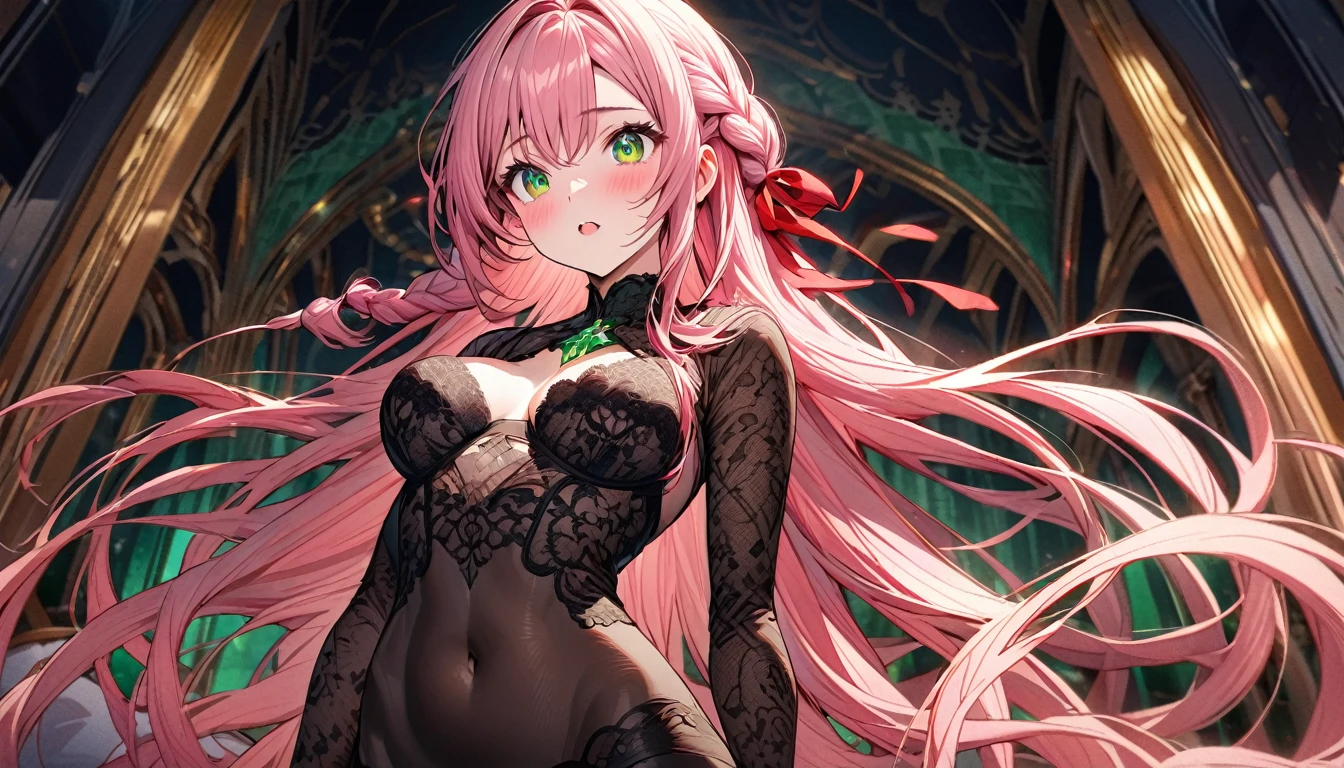 The image is of a beautiful woman wearing a tight fitting black lace lingerie. The woman has long flowing pink hair with strands of braided hair tied with red ribbon throughout. She has gorgeous green eyes that shine like emeralds. Her face is youthful and gorgeous. Her  are ample and seem too large for her tight fitting black lace bra. She is short in height but well developed -a short stack. She blushes as you look at her. She's standing in your bedroom and is excited to be with you. The image is ultra detailed with gorgeous colors, perfect line work, and detailed shading.