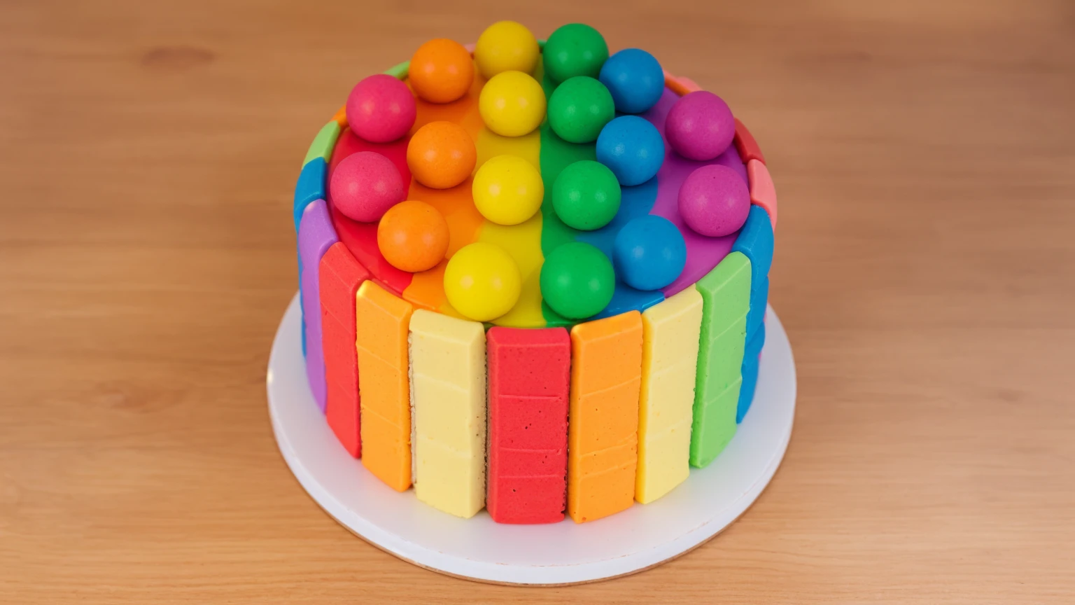 on a wooden table, on a white porcelain plate, a tiny cake, the walls of the cake are made of multi-colored chocolate bars, on top are multi-colored cream stripes, multi-colored candies in the form of balls, bright lights, soft light, window light, professional lighting, light from the window, neat light, realistic texture, realistic style, detailed texture, high quality, high resolution, high quality rendering, realistic photo, brightning light, macro photo