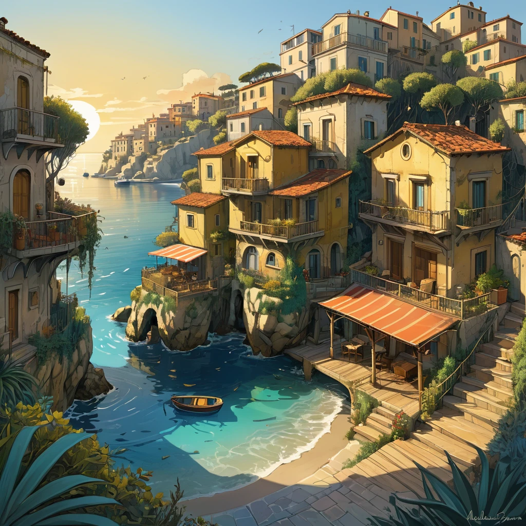(by alejandro burdisio:1.2), coastal town dwelling in mediterranean biome, cel shaded art, 2d, flat color, toon shading, cel shaded style (golden hour:1.2), neo - expressionism, (ultra detailed, masterpiece, best quality, intricate details:1.4)