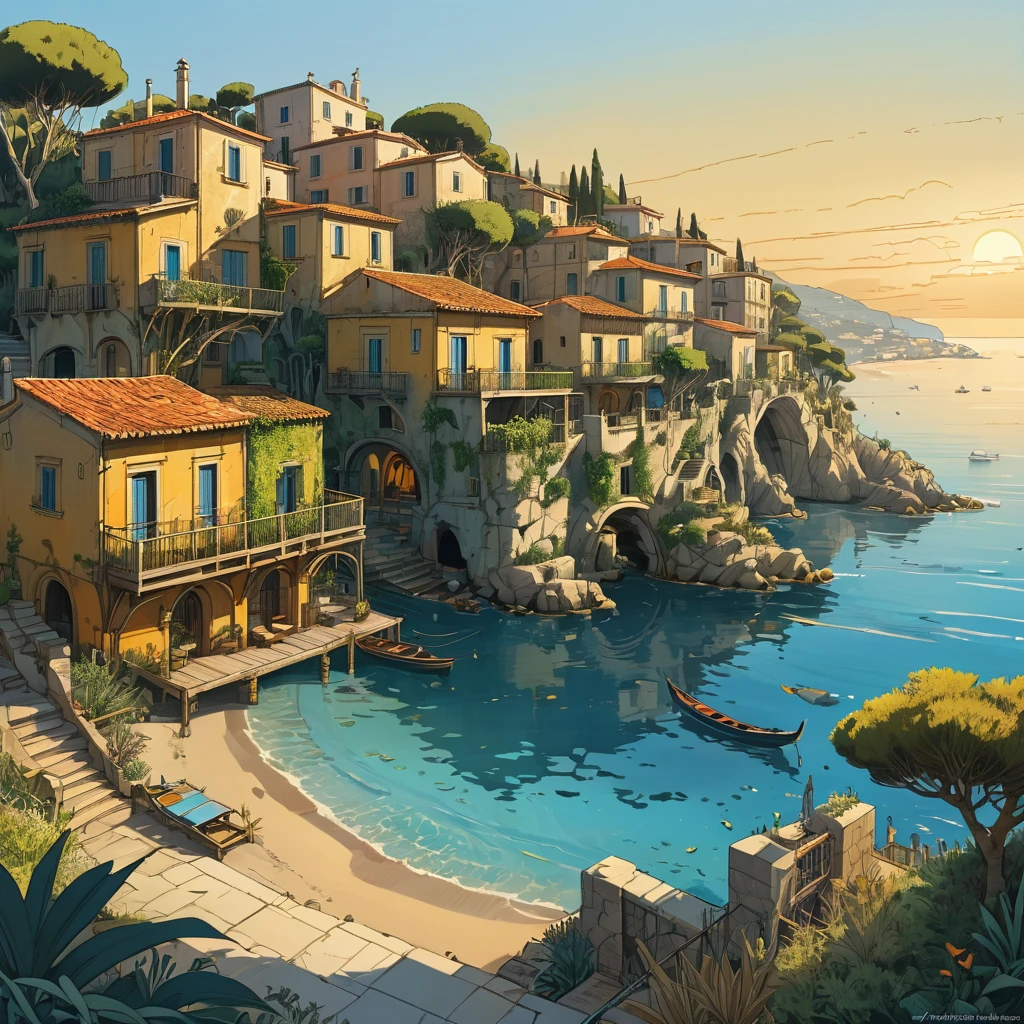 (by alejandro burdisio:1.2), coastal town dwelling in mediterranean biome, cel shaded art, 2d, flat color, toon shading, cel shaded style (golden hour:1.2), neo - expressionism, (ultra detailed, masterpiece, best quality, intricate details:1.4)
