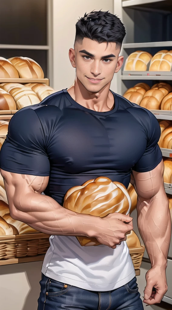 1 man,(Skinheads hairstyles) ,black eye,(Wear a fitted round neck t-shirt in navy with a police badge.:1.3),(fit neck),Navy blue jeans,(black_gloves), Korean guy, muscles,large arm muscles,blood vessel,Big muscles,Broad shoulders, smile, middle of the road,(full_shot:1.6),(In the bread shop:1.2),