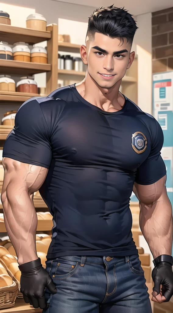 1 man,(Skinheads hairstyles) ,black eye,(Wear a fitted round neck t-shirt in navy with a police badge.:1.3),(fit neck),Navy blue jeans,(black_gloves), Korean guy,chest muscles,large arm muscles,blood vessel,Big muscles,Broad shoulders, smile, middle of the road,(full_shot:1.6),(In the bread shop:1.2),