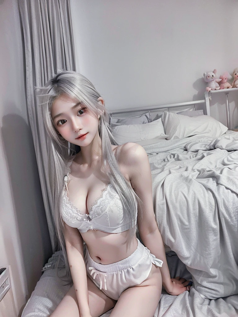 1 Girl, Beautiful, Baby Face, 20 Years Old, White Skin, medium Breasts, White Thin Loose Pajamas, Skinny, Posing For Photos in The Bedroom, Gurly Bedroom, Grey Hair, Silver Twintail, ((adorable:1.1)), ((masterpiece:1.1)), Sleepy Cute Face