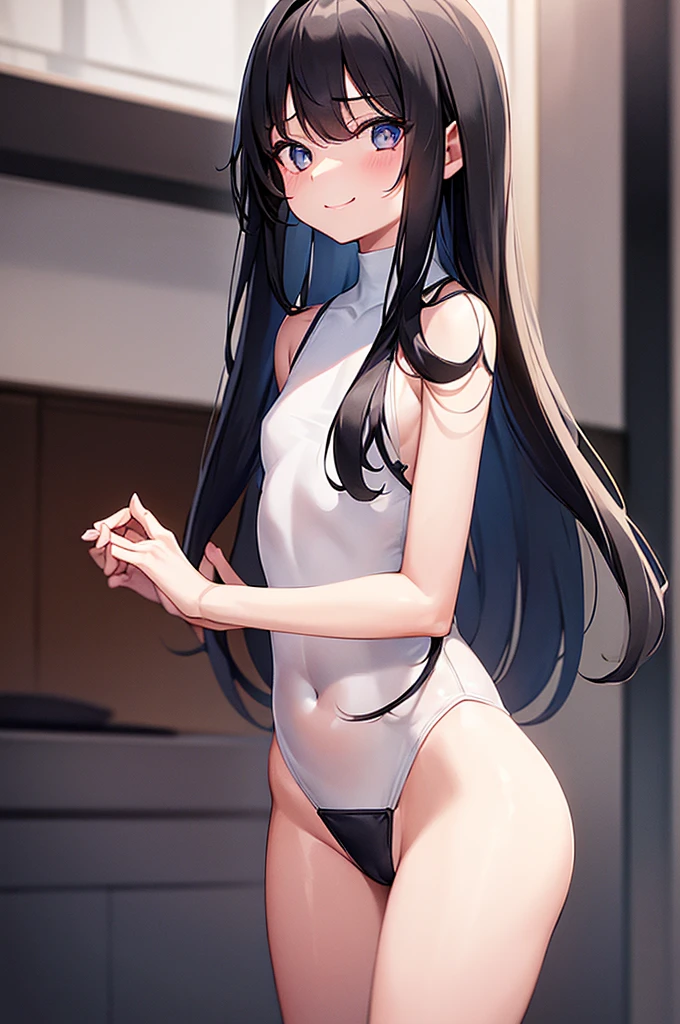 1 girl, cute girl, pretty face, bitter smile, , Beautiful black long hair, beautiful eyes, flat chest, small build, short torso, Small buttocks, No muscles, white skin, White leotard, thong, see-through, indoor stadium, rhythmic sports gymnastics, to many pose,