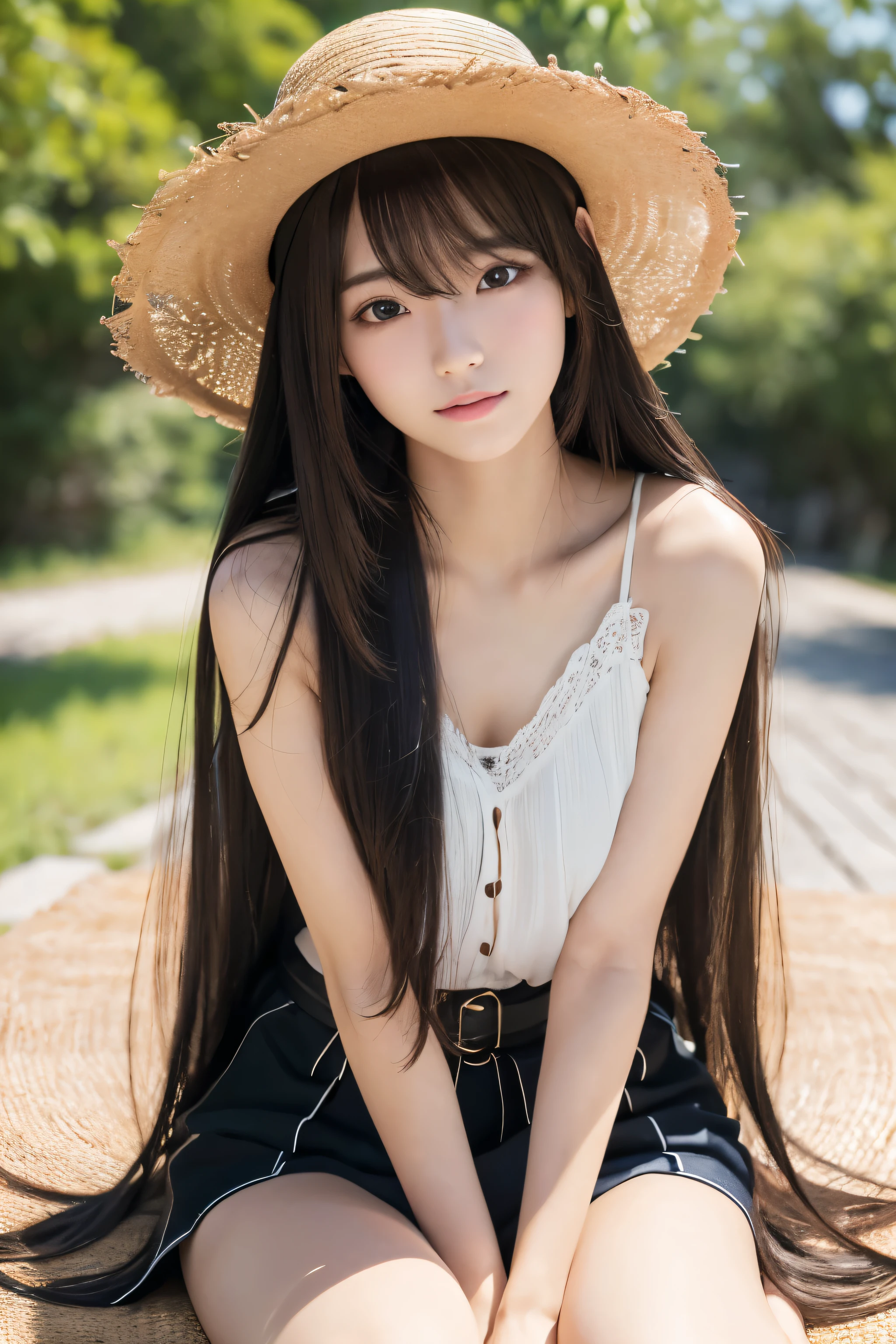 (Highest quality), (masterpiece:1.2), (Realistic, photo-Realistic:1.2), (Highly detailed face and skin texture), (Full body shot 1.1), (20 year old Japanese idol), Cute face, Whitening skin, double eyelid, (Ridiculously long hair:1.5), (Slim figure), (Flat Bust:0.9), Long legs, (Black straight hair), Straw hat, (Sit on the ground hugging your knees:1.1)