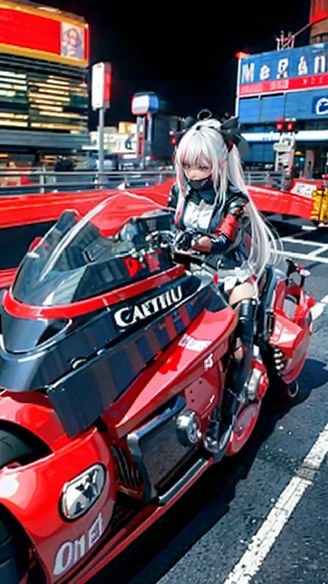 official art, unity 8k wallpaper, ultra detailed, beautiful and aesthetic, masterpiece, best quality, realistic, (succubus), blush, long hair, white hair, streaked hair, red eyes, hair bow, mole under eye,  (black akirabike), riding bike, night, cyberpunk city view, epic screen, ,