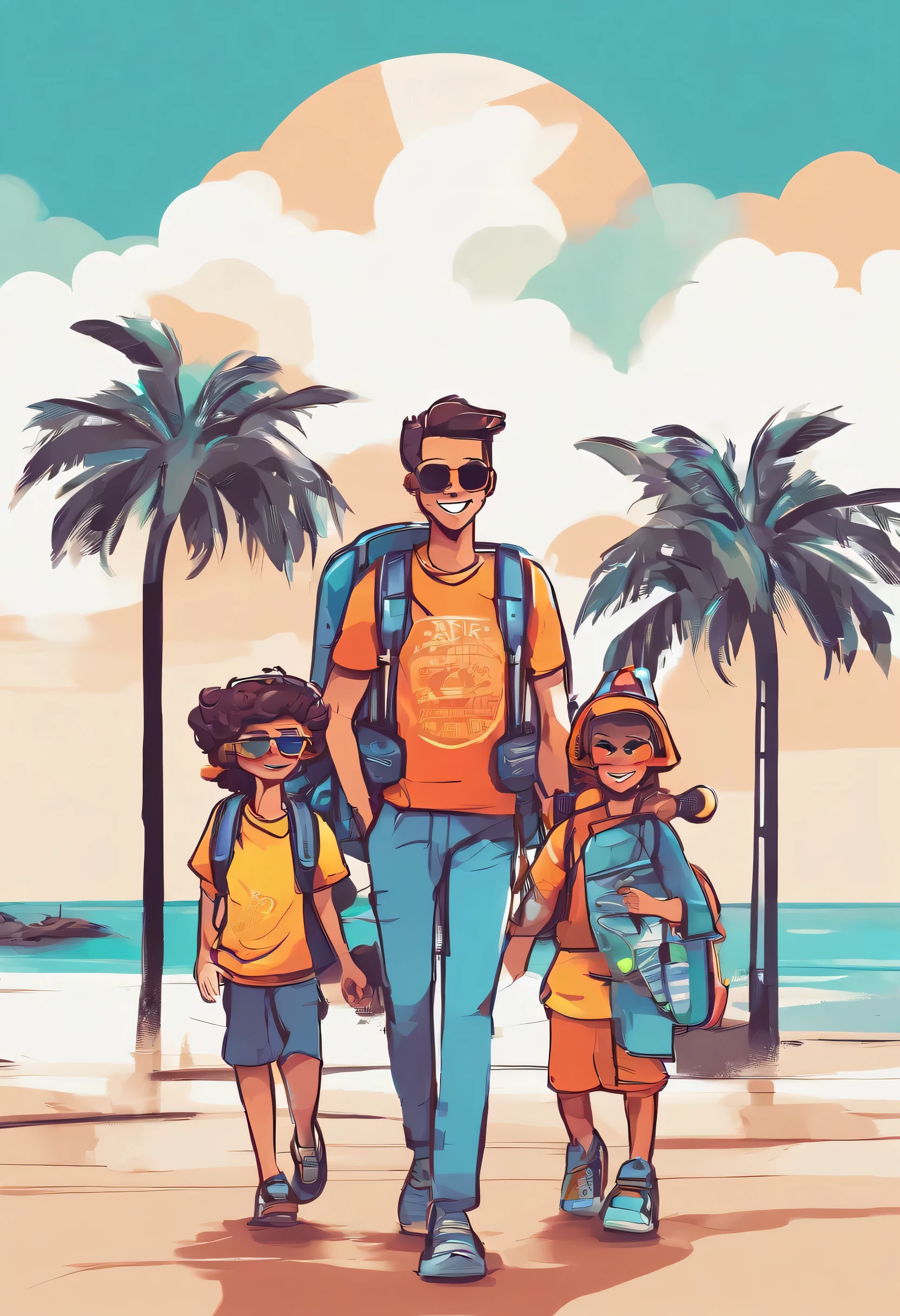 Cartoon style family backpacking on vacation with happy smiles., palm tree, front view, All white backgrounds, streetwear design, Pro Vector, 10 colors only, solid color, no shadow, full design, cool colors, sticker, bright colors