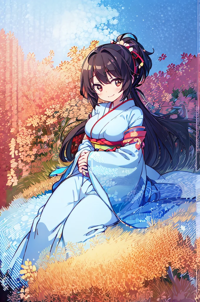 ((Masterpiece)),((high resolution)),((Best Quality)),Anime illustration,((1girl)),,(Black Hair),short hair,Short ponytail,Large, round scarlet eyes,Droopy eyes,smile,15 years old,(Young),baby face and big breasts,large breasts,(low length),(Short),Ladylike,Elegant,blue sky,kimonos,White and red clothes,