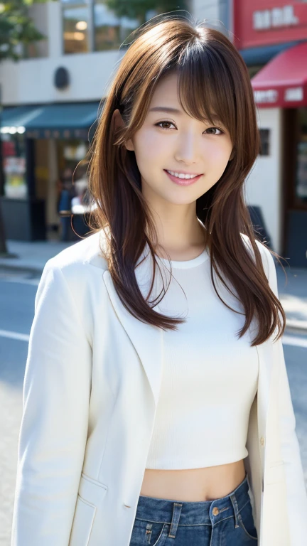 Highest quality、8k wallpaper、Reality:1.4、Cinema Lighting、View your viewers、background:City street corner、1 beautiful girl、Japanese Idol、20-year-old、Beautifully detailed eyes、Detailed face、Beautiful Skin、Slender、Slim waist、Thin legs、Fancy hairstyle:1.3、The sunlight hits her hair and it shines golden、Light Hair、Asymmetrical bangs、White blouse、White mini skirt、Red jacket、smile:1.2