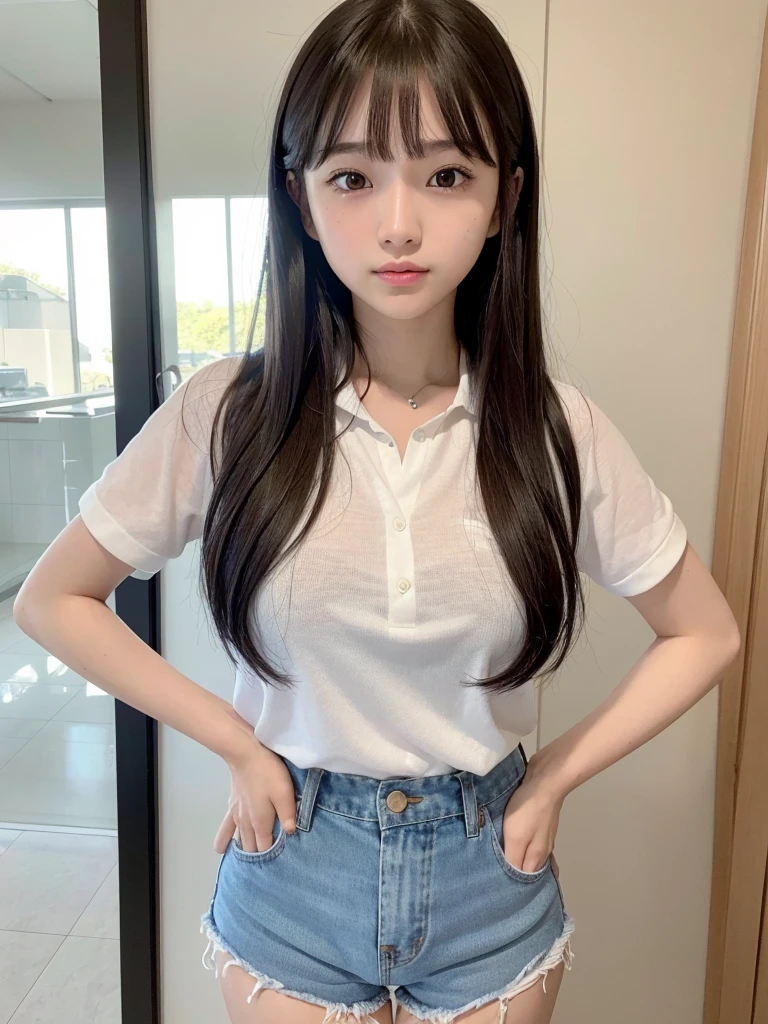 highest quality,Photo quality,Ultra-high resolution,Professional Lighting,14 years old,Beautiful face like an actress,With bangs,Sexy shorts:1.2、Amazingly cute、(((裸エプロン)))、ブラジャーが透けて見えている、キッチン、