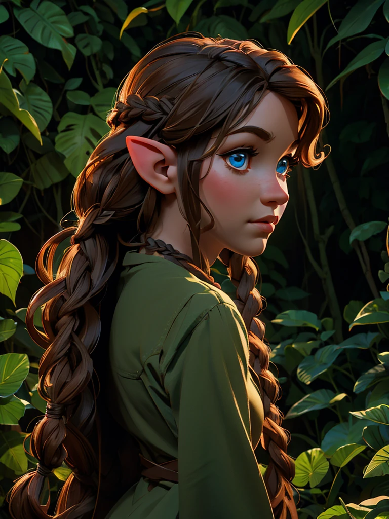 looking back elf girl portrait, curly two braid long hair, in a jungle, wearing elf dress, 8k, RAW photo, best quality, masterpiece, high detail RAW color photo, dramatic lighting, cinematic lighting, back light, professional lighting