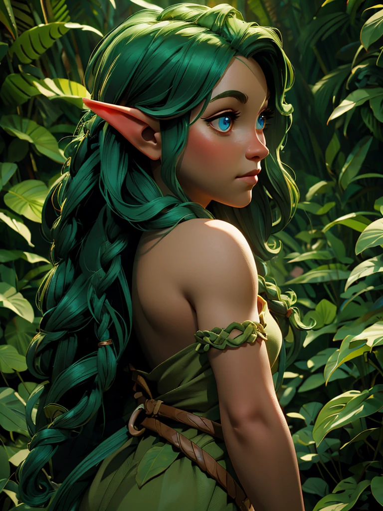 looking back elf girl portrait, curly two braid long hair, in a jungle, wearing elf dress, 8k, RAW photo, best quality, masterpiece, high detail RAW color photo, dramatic lighting, cinematic lighting, back light, professional lighting