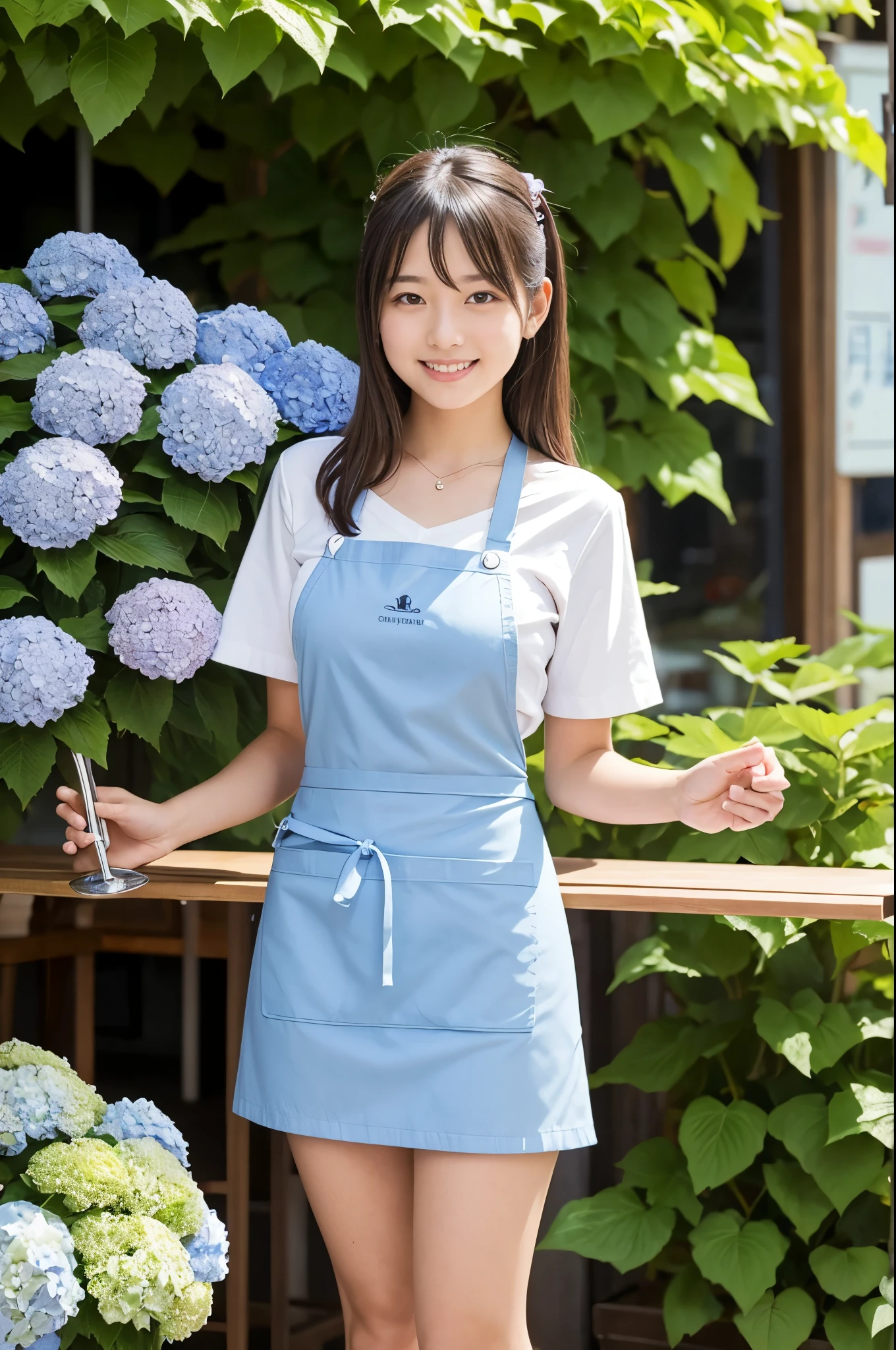 A 20-year-old girl working at a cafe where hydrangeas are blooming（Wearing a miniskirt and apron）