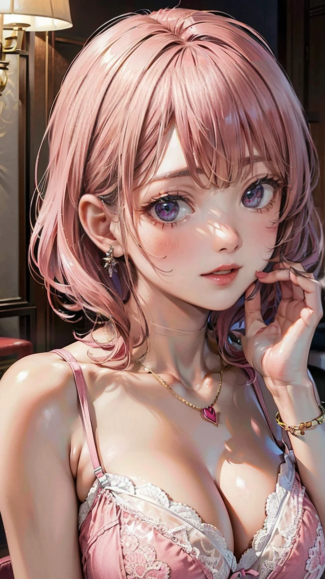 (Masterpiece, BestQuality:1.3), (ultra detailed:1.2), (hyperrealistic:1.3), (RAW photo:1.2), High detail RAW color photo, professional photograph, (Photorealistic:1.4), (realistic:1.4), professional lighting, perfect anatomy, (Big Breasts:1.2), (blush, detailed face), (cheerful Smile:1.5), Trending Hair&Trending Hairカラーをランダムに, earrings, necklace, bracelet, sexly, erotic sexly, Random sexy gravure poses, (A beautiful pink-haired woman wearing pink lace lingerie、Smiling and posing sexy in a luxury hotel in spring。:1.3)